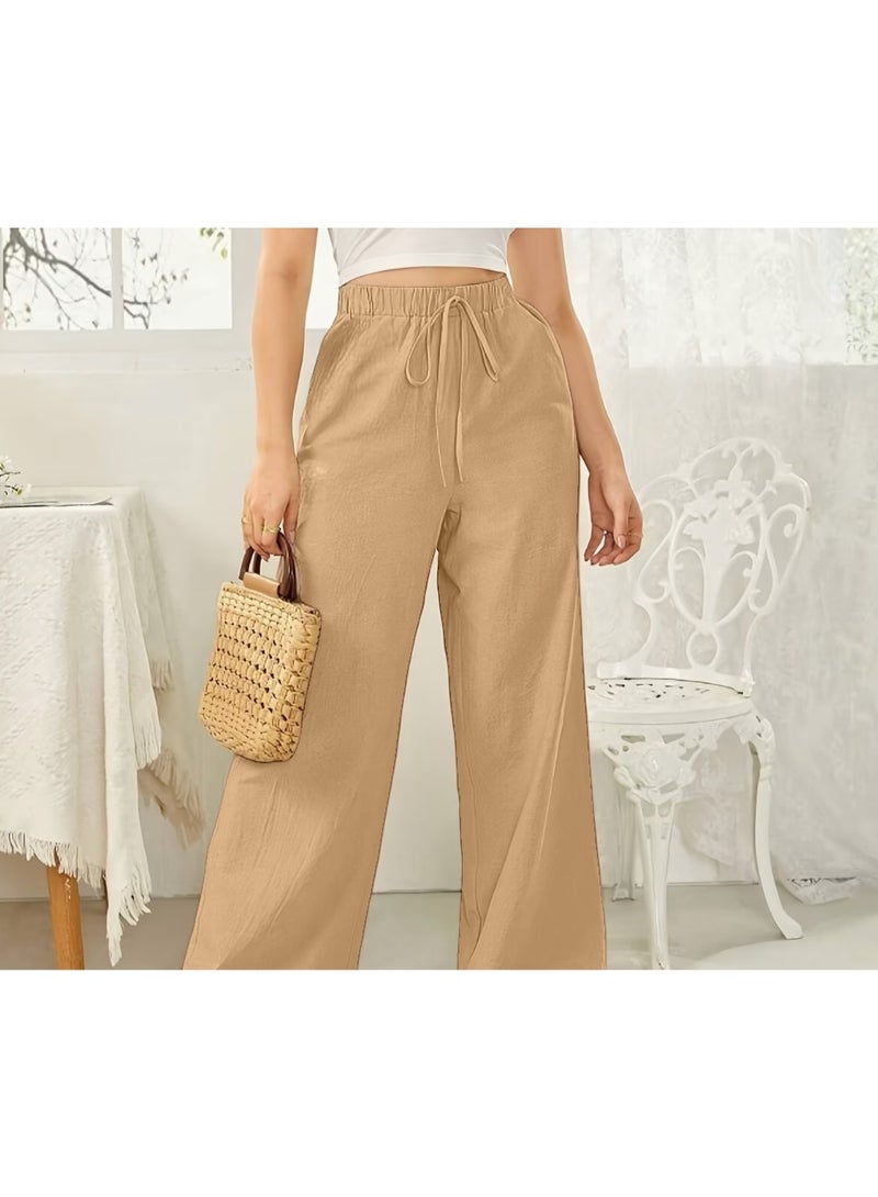 بنطلون نسائي بقصة مستقيمة وخصر عالٍ، مقاس حر - بنطلون أنيق وعصري بخصر مطاطي - Image 3